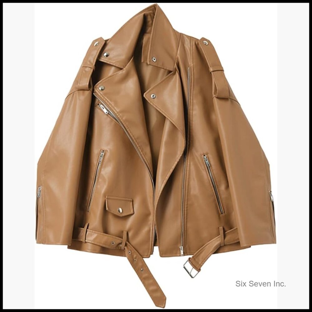 Faux Leather Motorcycle Jacket With Lapel Collar And Zipper Details